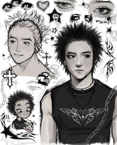 a drawing of a person with different tattoos on his face and hair, in front of other drawings