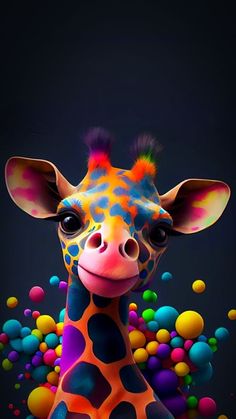 a giraffe is surrounded by colorful balls and bubbles on a dark background,