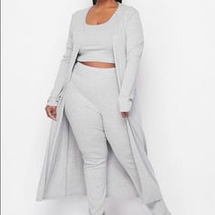 3pc Rib Knit Plus Size Set: Long Line Duster, Crop Top & Pants With Elastic Waistband. Color: Light Gray. Casual Fitted 3-piece Set, Fitted Long Sets For Fall, Casual Fitted Daywear Sets, Fitted Casual Daywear Sets, Casual Stretch Sets For Daywear, One Sleeve Dress, Maxi Cardigan, Top Pants Set, Cotton Leggings