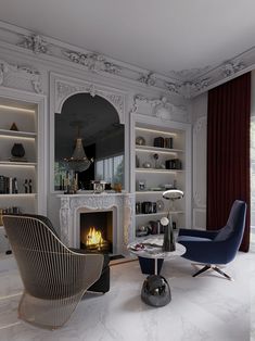 a living room filled with furniture and a fire place next to a book shelf full of books