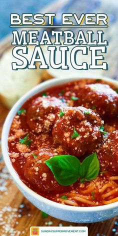 the best ever meatball sauce in a white bowl on a wooden table with bread