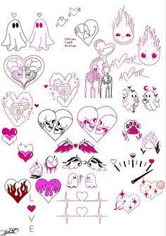 various heart stickers are arranged on a white background