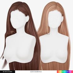 two wigs with long hair are shown in front of white mannequins