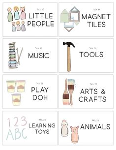 four different types of art and crafts cards with the words, little people, music, arts