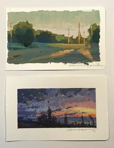 two paintings of trees and water in the background