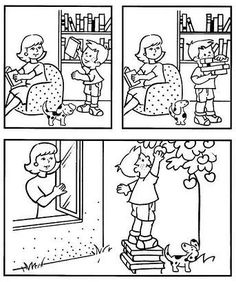 a comic strip with two children looking in the window and one is holding a dog