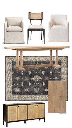 the furniture and rugs are arranged in different styles