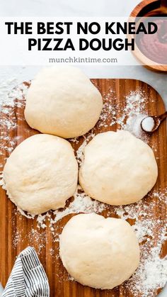 the best no knead pizza dough is on a cutting board with powdered sugar