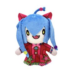 a small stuffed animal with blue hair and yellow eyes, wearing a red dress on white background