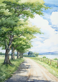 a painting of a dirt road with trees on both sides and water in the background