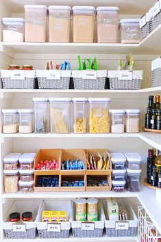 an organized pantry filled with lots of food