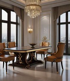 an elegant dining room with chandelier, chairs and table in front of large windows