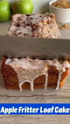 two slices of apple fritter loaf cake with icing