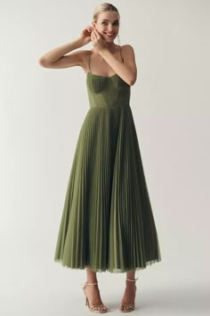 Hutch Amara Corset Pleated Tulle Fit & Flare Midi Dress | Anthropologie Styling A Bodycon Dress, Outfit For Engagement Party Guest, Strapless Wedding Guest Dress, Midi Dresses Formal, Emerald Cocktail Dress, Occasion Dresses Classy, Olive Green Formal Dress, Corset Evening Dress, Irish Wedding Dresses