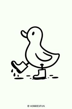 a black and white drawing of a duck on the ground with a rubber boot in it's mouth