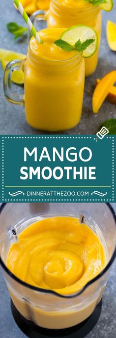 mango smoothie in a blender with the title above it