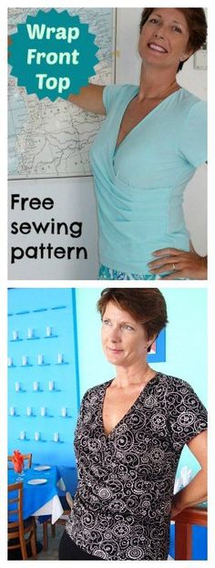 two pictures one with a woman and the other has a map on it that says wrap front top free sewing pattern