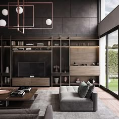 a modern living room with black walls and furniture