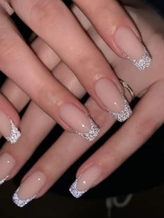 21 Sparkly Silver Nail Designs to Slay Your Holiday Vibe! | Everygirl Edit White Sparkle Nails Glitter French Tips, Sparkly New Years Nails Square, Glittery Silver French Tip, Silver Sparkle Tips Nails, Silver Sparkly Nails French Tip, French Gliterry Nails, Glitter French Manicure Square, Birthday Nails Sparkle Classy, Ballerina Nails French Tip Glitter