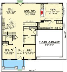 the first floor plan for a two story house with an attached garage and living area