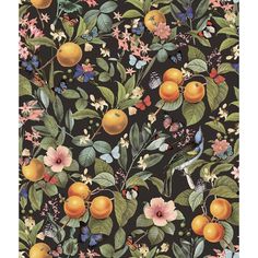 an orange and flower pattern on a black background with birds, flowers, and butterflies