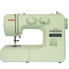 the sewing machine is green and has buttons on it