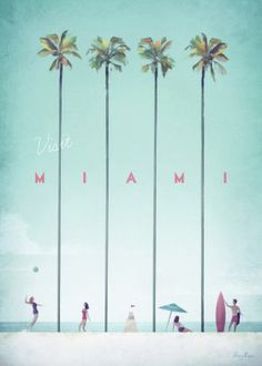 a group of people standing on top of a beach next to palm trees and the words miami