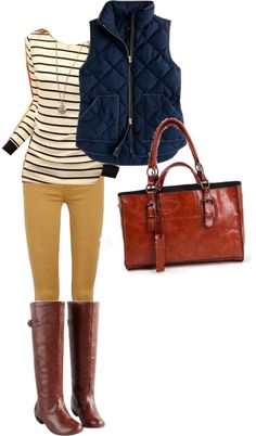 Vest, boots, striped sweater. I'd swap the vest for a blazer. Love the mustard yellow pants. Street Mode, Boating Outfit, Striped Long Sleeve Shirt, Outfit Winter, Looks Chic, Fashion Mode, Winter Casual