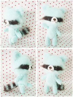 four pictures of a raccoon stuffed animal