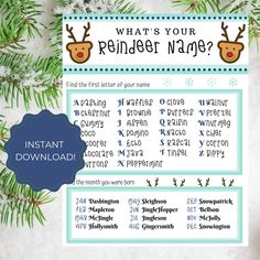 a reindeer name game with the text what's your reindeer name?