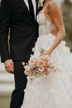 a bride and groom are standing together