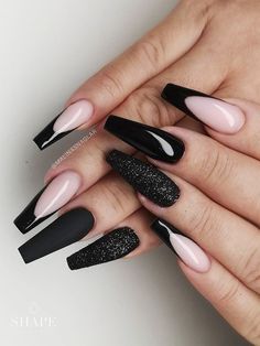 Best 30  black french nails you must try this year Black French Tip Nails, Black French Tip, Nails With Glitter, Sugar Nails, Black Coffin Nails, Tip Nails, Black French, Pink Acrylic Nails