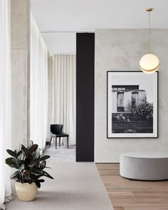 a living room filled with furniture next to a white curtained wall and potted plant