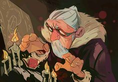 an old man with white hair and glasses holding a lit candle in his right hand