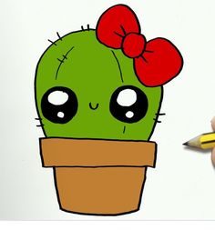 a drawing of a cactus in a pot with a bow on it's head