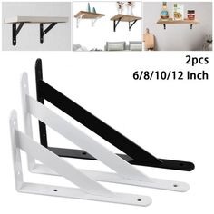 two white and black shelf brackets with shelves on each side, one is holding books