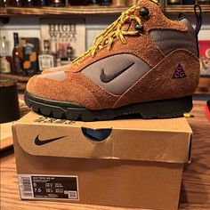 These Nike Hiking Boots Feature A Rusty Orange Color, Suede Upper, And Vibrant Yellow Laces For A Bold, Outdoorsy Look. Brand New In Box. Never Worn. Nike Hiking, Nike Brown, Rusty Orange, Yellow Lace, Shoes Nike, Lace Up Boots, Hiking Boots, Orange Color, Shoe Laces