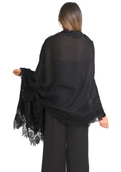 This black scarf is an all time classic. Woven from a fine silk and wool blend, it features a tonal black floral lace border making for the perfect any time wear accessory whilst keeping you comfortably warm. For a casual or formal look, this is a must - have in every woman's wardrobe. Elegant Black Pashmina Shawl For Winter, Elegant Shawl For Layering, Elegant Shawl Scarf With Lace Trim, Elegant Lace Trim Shawl Scarf, Elegant Black Lace Shawl, Elegant Black Shawl For Fall, Black Scarf, Lace Border, Formal Looks