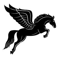 a black and white silhouette of a flying unicorn