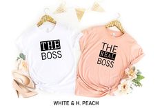 The Boss The Real Boss  Couple Shirts, Couple matching T-shirt Set. The Real Boss Shirt,  The Boss Tee, Husband Wife Shirt, Valentine's Day  Welcome to AuroraConceptDesign! ❤️ 👉🏻 PROCESSING TIME: - 3-5 business days. - Please contact with us if there is a rush order. 👉🏻 DELIVERY TIME: - Standard Shipping:  3-5 business days - Expedited Shipping  1-3 business days 👉🏻 CARE INSTRUCTIONS: - Machine wash cold and tumble dry low.  - Do not iron directly onto the design. - Do not bleach. We offer wide variety of products, including Unisex T-shirts, Women's V-neck T-shirts, Unisex Long Sleeve T-shirts, Youth T-shirts, Toddler T-shirts, and many more. Swipe listing images and check all the colors available for each type of shirt. Please enter the shirt and text color desired for your shirt in The Boss The Real Boss Shirts, Boss Couple, Boss Shirt, Boss Shirts, Couple Matching, The Boss, Couple Shirts, Husband Wife, Text Color