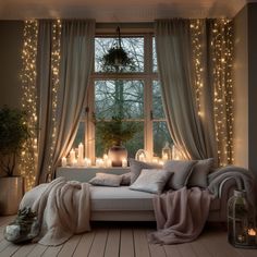 a bedroom with lights on the windows, and a bed in front of a window