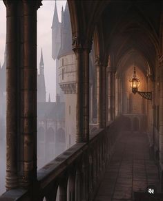 an image of a castle hallway in the fog