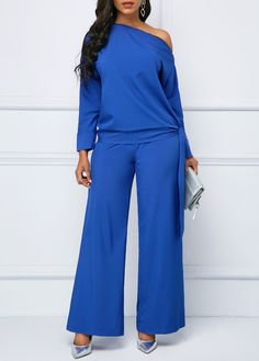 Tie Side Skew Neck Top and Wide Leg Pants | Rotita.com - USD $27.51 Black Strapless Jumpsuit, Jumpsuit Short, Cheap Jumpsuits, Classy Jumpsuit, Cheap Womens Fashion, Pants Jumpsuit, Trendy Jumpsuit, Rompers Online, Women's Bottoms