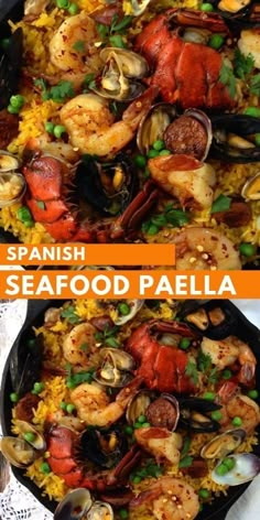 spanish seafood paella with shrimp and clams in a skillet