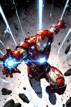 an iron man flying through the air with his arms out and glowing lights coming from behind him