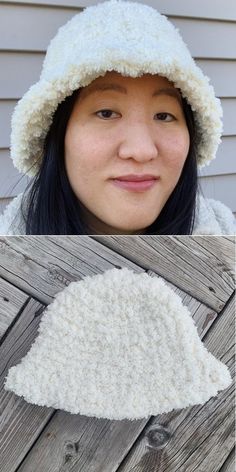 a woman wearing a white hat next to an image of her face and the same photo