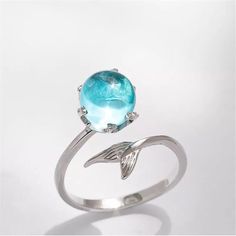 blue crystal stone accent size adjustable * free of lead, nickel, and cadmium Mermaid Ring Silver, Ocean Ring, Mermaid Ring, Silver Mermaid, Mermaid Jewelry, Blue Mermaid, Jewelry Model, Crystal Rings, Blue Rings