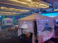 a tent set up in the middle of a banquet hall