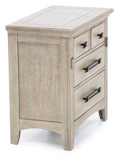 a white wooden cabinet with three drawers