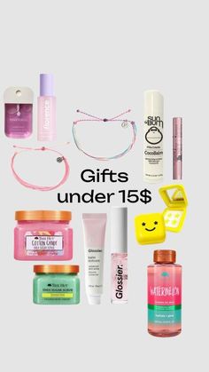 various beauty products are shown with the words gifts under $ 15 on it and below them